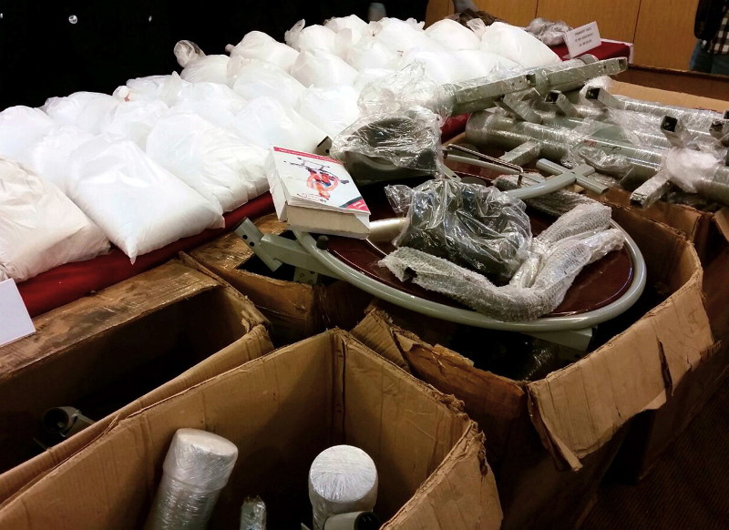 Some of the syabu worth RM4.7 million, hidden in 36 iron sports equipment that were seized in Jalan Ipoh, Kuala Lumpur are shown at a press conference at Selangor police headquarters, June 28, 2016. u00e2u20acu201d Bernama pic