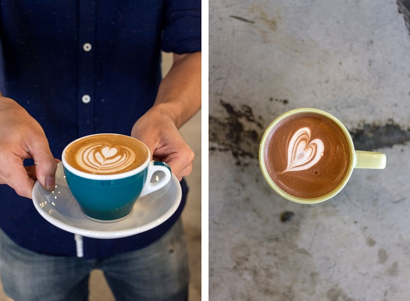 A perfectly crafted cappuccino for coffee and latte art lovers (right); hot chocolate, made with local artisanal Seniman Kakao chocolate (left).