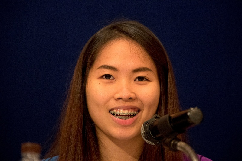 Thailand’s badminton player and Olympics hope Ratchanok Intanon speaks during a news conference at a hotel in Bangkok, Thailand, July 18, 2016.