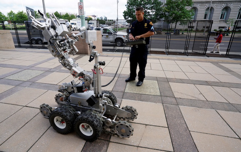 Sgt. Tim Maffo-Judd demonstrates a Remotec F5A explosive ordnance device robot near the site of the Republican National Convention in Cleveland, Ohio July 14, 2016. u00e2u20acu201d Reuters pic