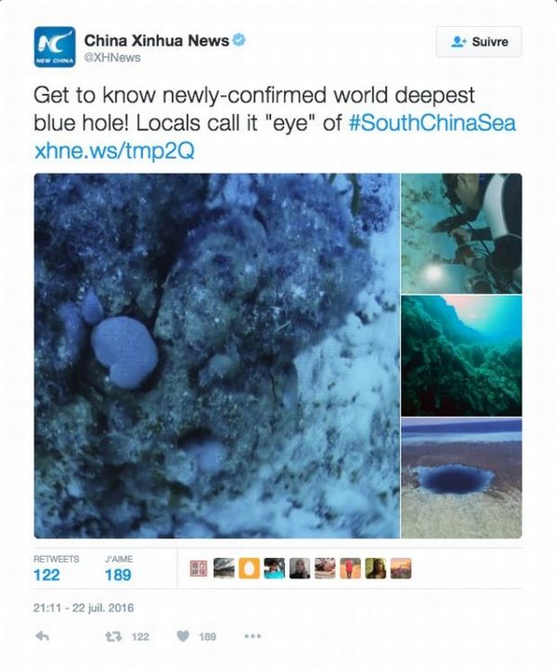 The Dragon Hole in the South China Sea is 300 meters deep. u00e2u20acu2022 Picture courtesy of Twitter