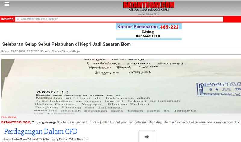 Screen capture of the Batam Today news portal's report on bomb threats against Malaysia and Singapore.
