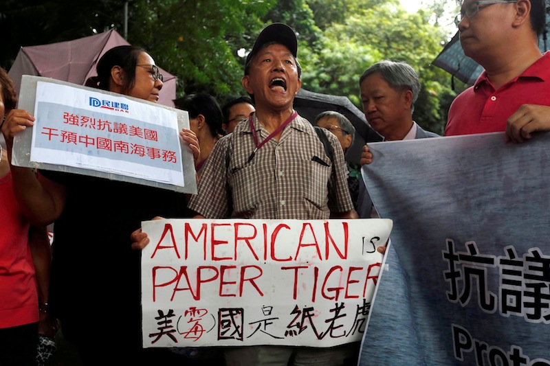 A protester from a local pro-China party chants slogans against the United States supporting an international court ruling outside US Consulate in Hong Kong, China July 14, 2016. u00e2u20acu201d Reuters pic