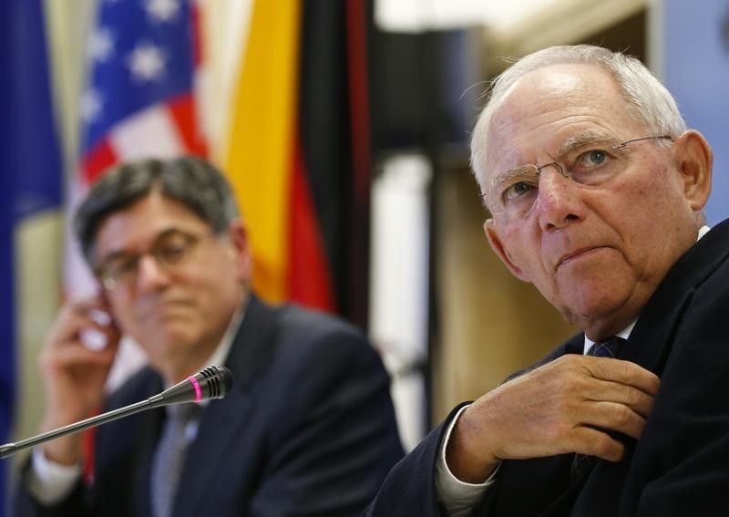 US Treasury Secretary Jack Lew and German Finance Minister Wolfgang Schaeuble attend a news conference at the Finance Ministry in Berlin, Germany, July 14, 2016. REUTERS/Hannibal Hanschke. 