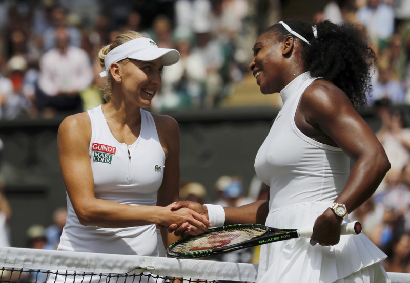 USAu00e2u20acu2122s Serena Williams shakes hands with Russiau00e2u20acu2122s Elena Vesnina after winning their womenu00e2u20acu2122s singles semi-final match at All England Lawn Tennis & Croquet Club, Wimbledon, England July 7, 2016. u00e2u20acu201d Reuters pic