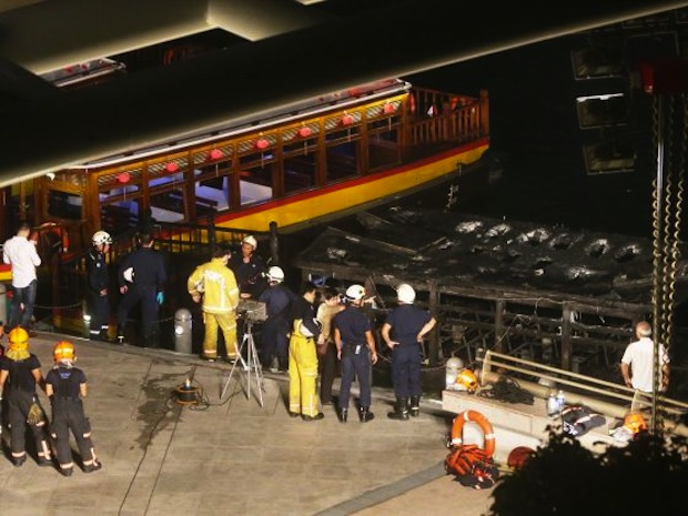 A river taxi caught fire on Marina Bay, near the Esplanade on 12 July, 2016. u00e2u20acu201d TODAY pic