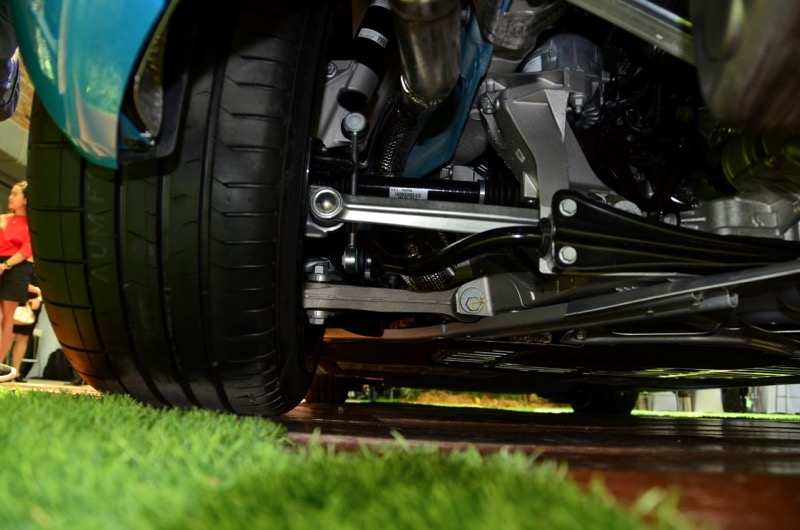 The rear suspension of the Boxster is engineered beautifully — note the heavy use of aluminium to save weight.