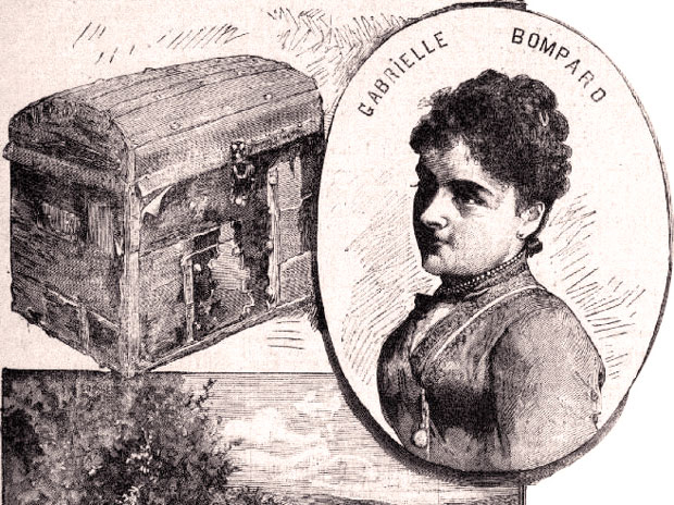 The trunk in which the body was transported, a view of Millery and Gabrielle Bompard (Eyraud’s lover and supposed murderer). — Photo: Wikimedia Commons