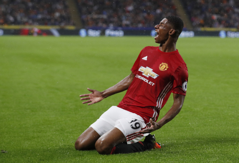 Manchester Unitedu00e2u20acu2122s Marcus Rashford celebrates scoring their first goal against Hull City during their Premier League match, at The Kingston Communications Stadium, August 27, 2016. u00e2u20acu201d Reuters pic