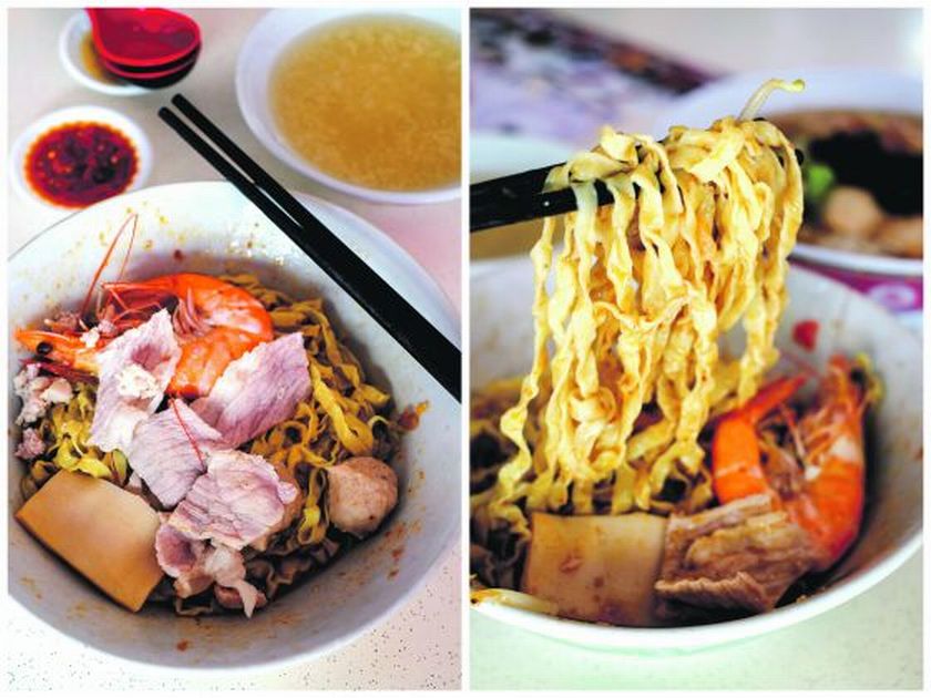 The Mee Pok dish by Ah Hoe Mee Pok includes a generous portion of canned abalone slice, meat ball, minced meat and fresh big prawns. u00e2u20acu201d Photo from todayonline courtesy of Tam Chiak