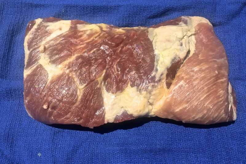 A trimmed rack of pork ribs.