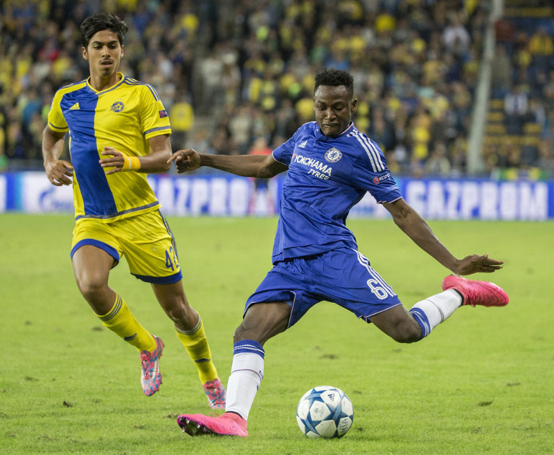 Chelseau00e2u20acu2122s Ghanaian defender Abdul Baba Rahman (right) kicks the ball as Maccabi Tel Aviv's Israeli midfielder Dor Peretz defends during their UEFA Champions League, group G, match in Haifa, November 24, 2015. u00e2u20acu201d AFP pic