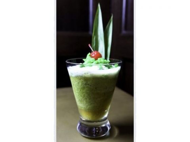 The Power Chendol is made with rum, pandan leaf, lychee fruit, gula Melaka, caramel, green jelly noodles, whipped cream and lots of shaved ice.