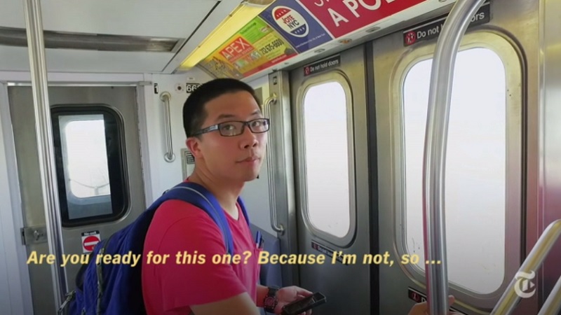 Matthew Ahn is seen during his attempt to set a new record for the fastest time to travel to all New York City subway stations in this screenshot taken from The New York Times video.