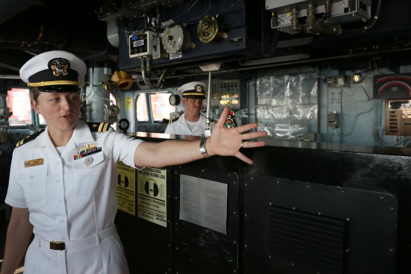 A US navy officer gestures on the USS Benfold, a guided-missile destroyer, during a scheduled visit to the Chinese port city of Qingdao, Shandong province, China in this picture released August 1 2016.u00e2u20acu201d Reuters pic
