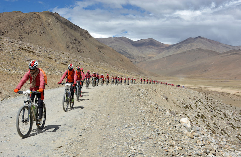 Buddhist nuns from the Drukpa lineage pictured in Ladakh during their cycle across the Himalayas to raise awareness about human trafficking of girls and women in the impoverished villages in Nepal and India August 30, 2016. — Reuters pic