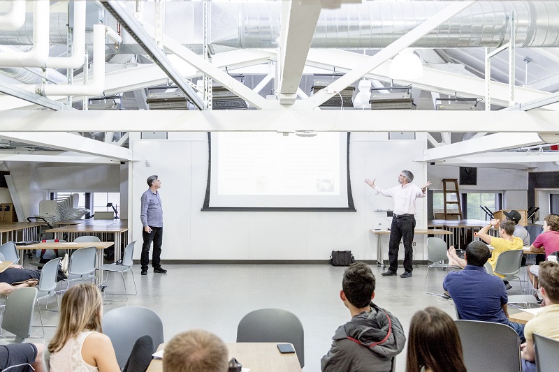 Bill Burnett (left) and Dave Evans, teach the ‘Designing Your Life’ class at Stanford University, in California, May 13, 2016. The course applies design thinking to life choices. — Picture by Jason Henry/The New York Times