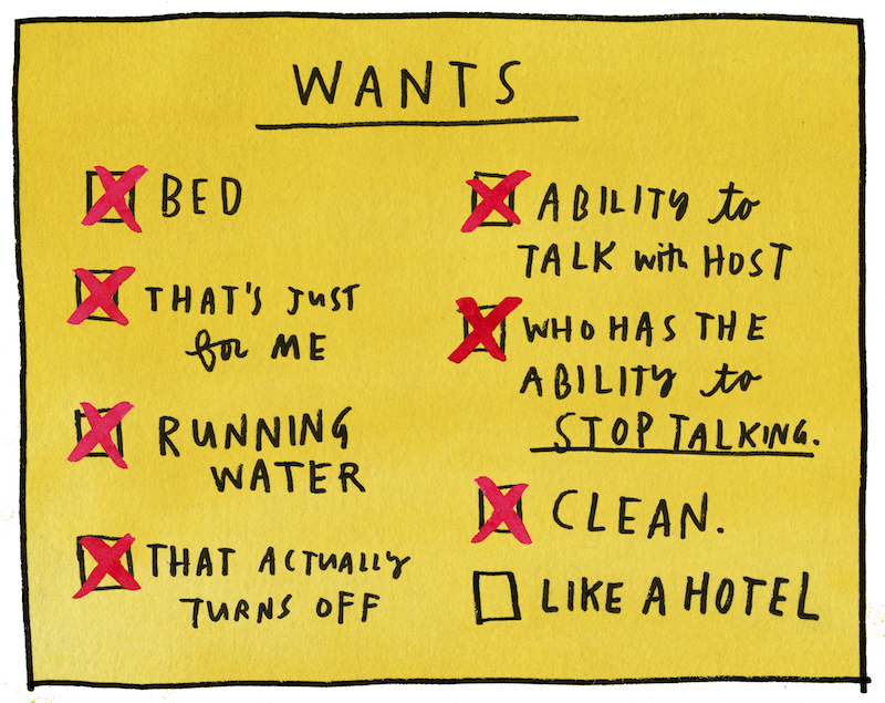 One aspect that draws travellers to Airbnb is that it is frequently cheaper than hotels. Therefore, it’s important to temper your expectations. — Illustration by Wendy MacNaughton/The New York Times