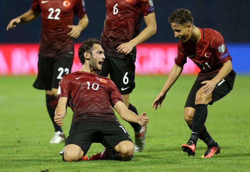 Turkey's Hakan Calhanoglu celebrates with his teammates after scoring their first goal against Croatia at the Maksimir Stadium in Zagreb, Croatia. u00e2u20acu2022 Reuters pic