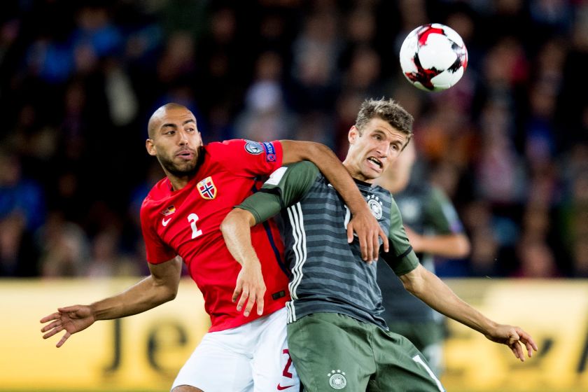 Germany's Thomas Mueller (right) and Norwayu00e2u20acu2122s Haitam Aleesami in action during their match in Oslo.. u00e2u20acu201d Reuters pic