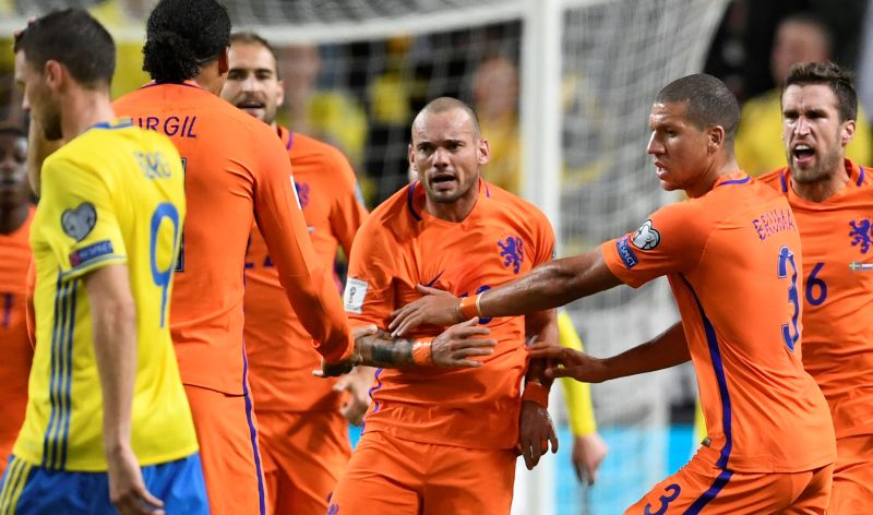 Netherlands Wesley Sneijder celebrates his goal against Sweden. u00e2u20acu2022 Reuters pic