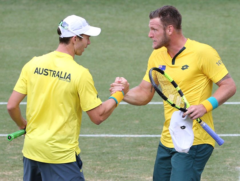 Australia's Sam Groth (right) and playing partner John Peers celebrate after they won their Davis Cup doubles tennis match against Slovakia's Andrej Martin and Igor Zelenay at the Ken Rosewall Arena in Sydney September 17, 2016. u00e2u20acu2022 Reuters pic