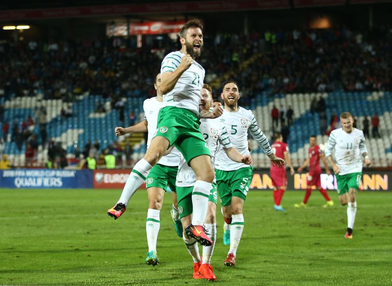 Republic of Ireland's Daryl Murphy celebrates scoring the second goal at the Rajko Mitic Stadium in Belgrade, Serbia. u00e2u20acu2022 Reuters pic