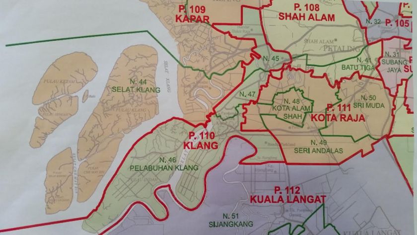 A map showing the Election Commission's proposed new boundary lines for the Klang and Kota Raja parliamentary seats and the state seats within them. u00e2u20acu2022 Picture by Ida Lim