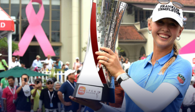Jessica Korda of the US with the 2015 Sime Darby LPGA Tour trophy after the final round of the Sime Darby LPG Tour at Kuala Lumpur Golf & Country Club October 11, 2015. LPGA Tour.com