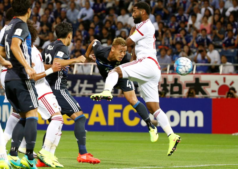 Japan's Keisuke Honda heads the ball to score a goal against UAE during the World Cup 2018 Qualifier, September 1, 2016. u00e2u20acu2022 Reuters pic