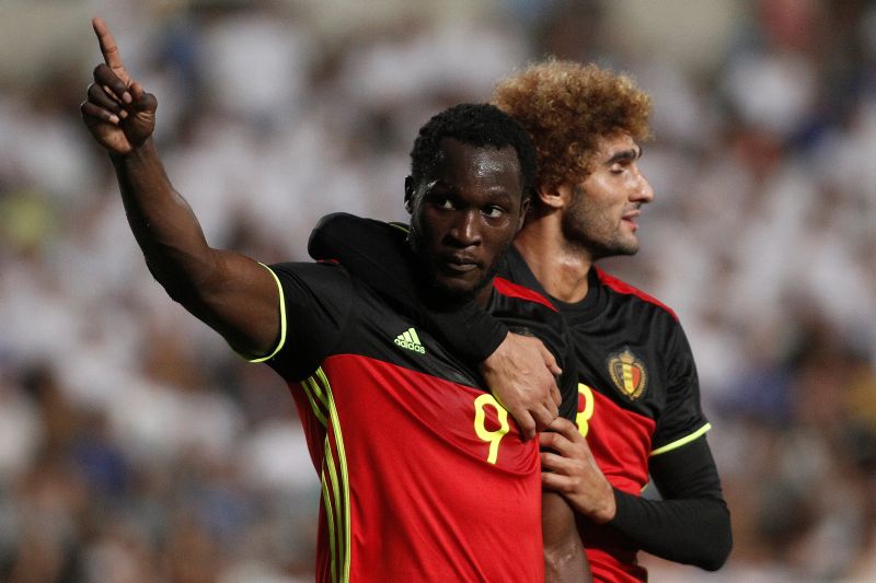 Belgium's Romelu Lukaku celebrates his goal with teammate Marouane Fellaini during the 2018 World Cup qualifier against Cyprus, u00e2u20acu2022 Reuters pic