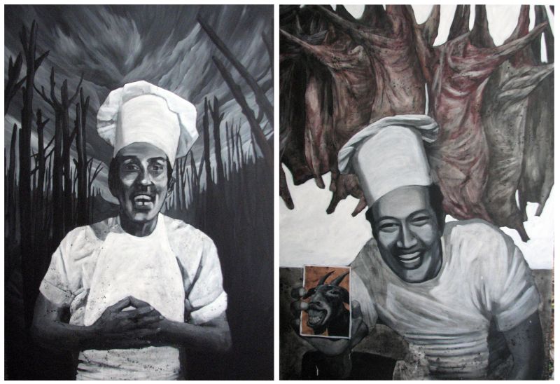 In this painting, artist Masnoor Ramli Mahmud used the characters from the P. Ramlee movie 'Labu dan Labi' to represent the two men found guilty of killing Altuntuya Shaariibuu... he wants his work to elicit questions.