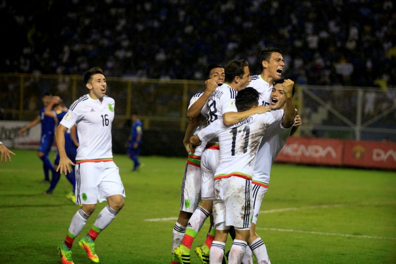 Mexico's players celebrate their goal against El Salvador in the 2018 World Cup qualifiers. u00e2u20acu2022 Reuters pic