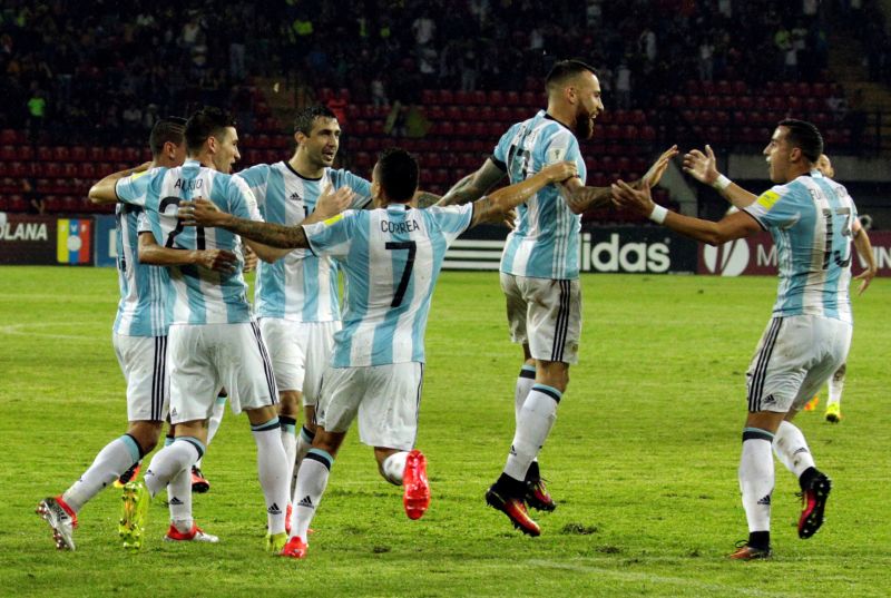 Argentina's Nicolas Otamendi (second right) celebrated with his team mates after scoring a goal against Venezuela. u00e2u20acu2022 Reuters pic