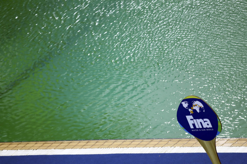 An International Swimming Federation (Fina) sign is seen in the Aquatics Centre where the water turned green in both the diving and the water polo pools. u00e2u20acu201d Reuters pic 