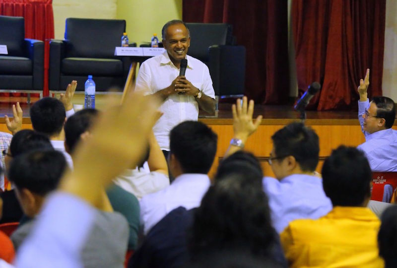 Law and Home Affairs Minister K Shanmugam addressing the audience before the dialogue session at North West CDC on changes to the Elected Presidency scheme. u00e2u20acu201d TODAY pic