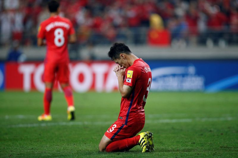 Oh Jae-suk of South Korea reacts after the victory against China in the World Cup 2018 Qualifier, September 1, 2016. u00e2u20acu2022 Reuters pic