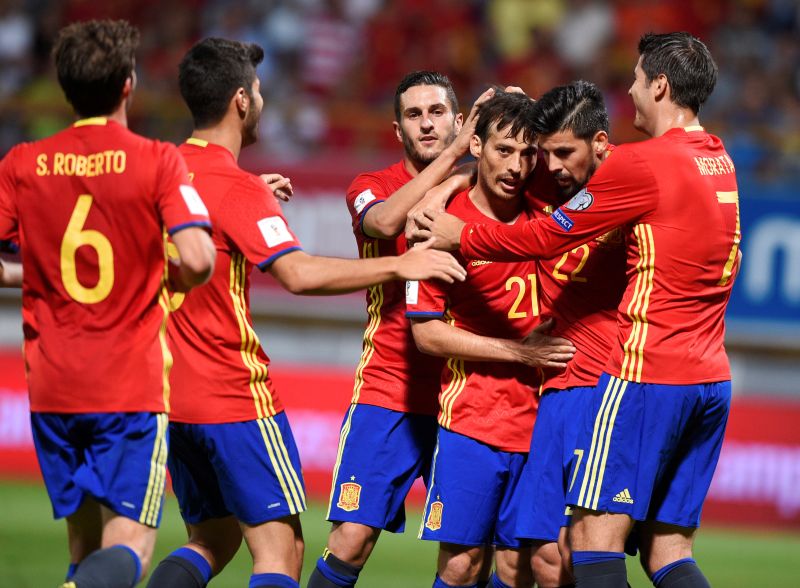 Spain's David Silva (third right) celebrates his goal against Leichtenstein at the Reino de Leon stadium in Leon, Spain, September 6, 2016. u00e2u20acu2022 Reuters pic