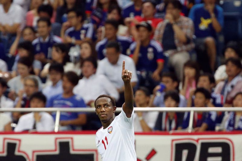 UAE's Ahmed Khalil reacts after scoring his second goal against Japan, September 1, 2016. u00e2u20acu2022 Reuters pic