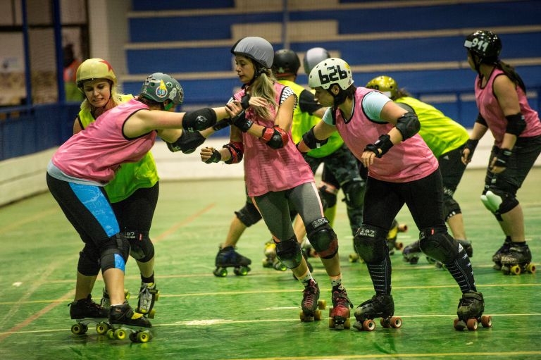 South African women practice Roller Derby during a training session on August 24, 2016 in Johannesburg. u00e2u20acu201d AFP pic
