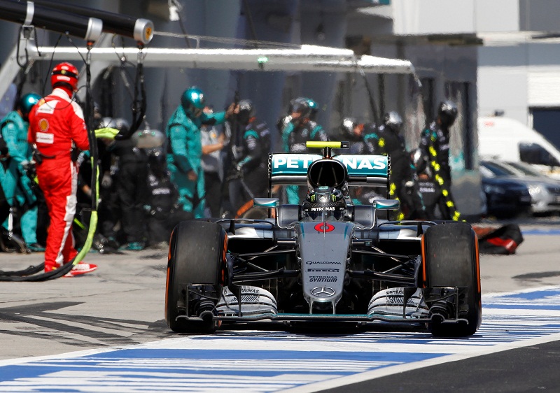 Mercedes driver Nico Rosberg of Germany leaving pit lane after changing his tires during a pit stop while competing the Malaysian Formula One Grand Prix at the Sepang International Circuit in Sepang October 2, 2016.