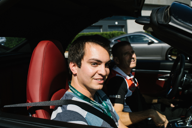 Sam Schembari, who is jointly leasing a Porsche with his father, Jim Schembari, during a test drive on Porsche’s official test track in Atlanta, October 3, 2016.