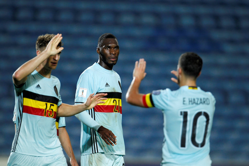 Belgium's Christian Benteke celebrates his second goal against Gibraltar. u00e2u20acu201d Reuters pic 