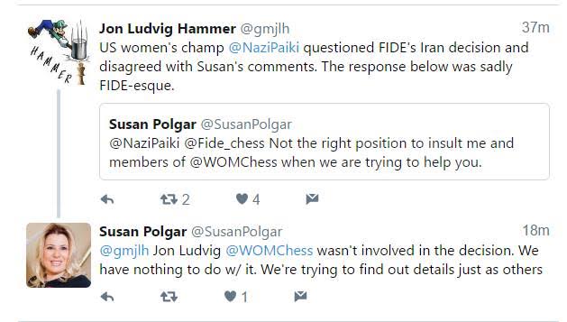 Screenshot of Twitter exchange between Jon Ludvig Hammer and Susan Polgar.