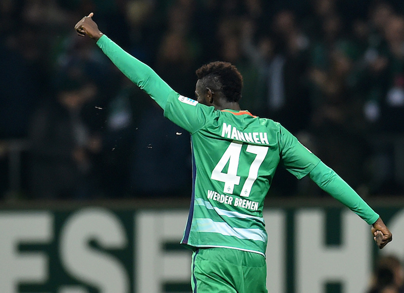 Bremen's Gambian forward Ousman Manneh reacts after scoring 2-1 during the German first division Bundesliga football match between SV Werder Bremen and Bayer Leverkusen, in Bremen, on October 15, 2016. u00e2u20acu201d AFP pic