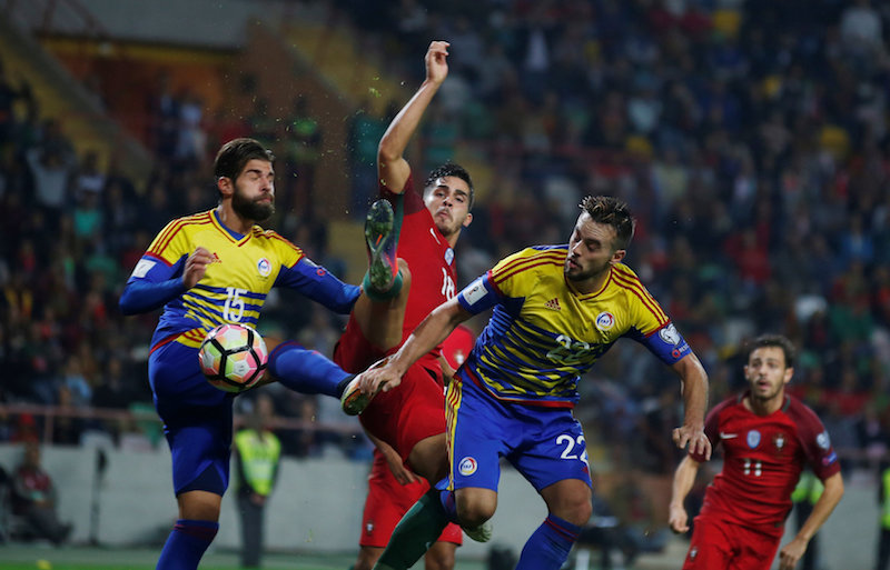 Portugal's Andre Silva in action with Andorra's Moises San Nicolas (left) and Victor Rodriguez. u00e2u20acu201d Reuters pic