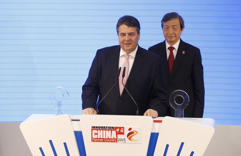 German Vice Chancellor Sigmar Gabriel and China's Vice Premier Ma Kai (right) address the media prior to touring the CeBIT trade fair in Hanover March 16, 2015. u00e2u20acu201d Reuters picnn