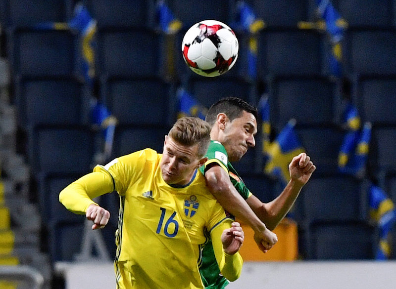 Sweden's Emil Krafth (left) in an airbattle with Bulgaria's Georgi Milanov during their World Cup 2018 qualifier match at Friends Arena in Stockholm October 10, 2016. u00e2u20acu201d Reuters pic