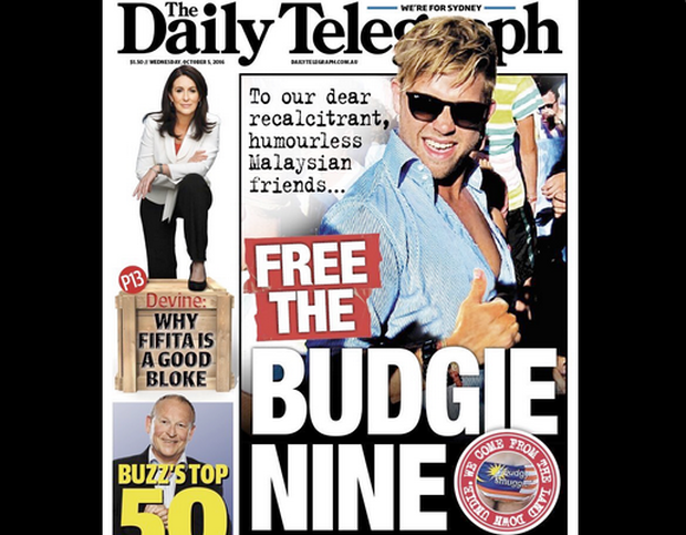 The Daily Telegraph called those nabbed as 'Budgie Nine': a reference to the Budgy Smugglers brand of swimsuit they wore. u00e2u20acu201d Twitter screengrab