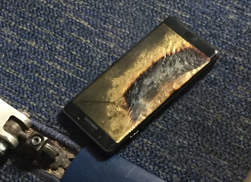 The burned Samsung Note 7 smartphone belonging to Brian Green is pictured in this photo. The replacement model of the fire-prone smartphone began smoking inside a Southwest Airlines plane on October 5, 2016. u00e2u20acu201d Reuters pic